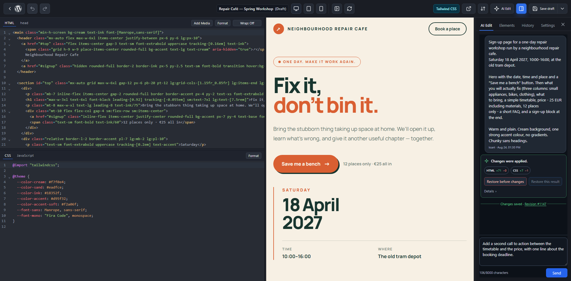 Ask the AI for a change in plain language from the AI tab, right inside WordPress.