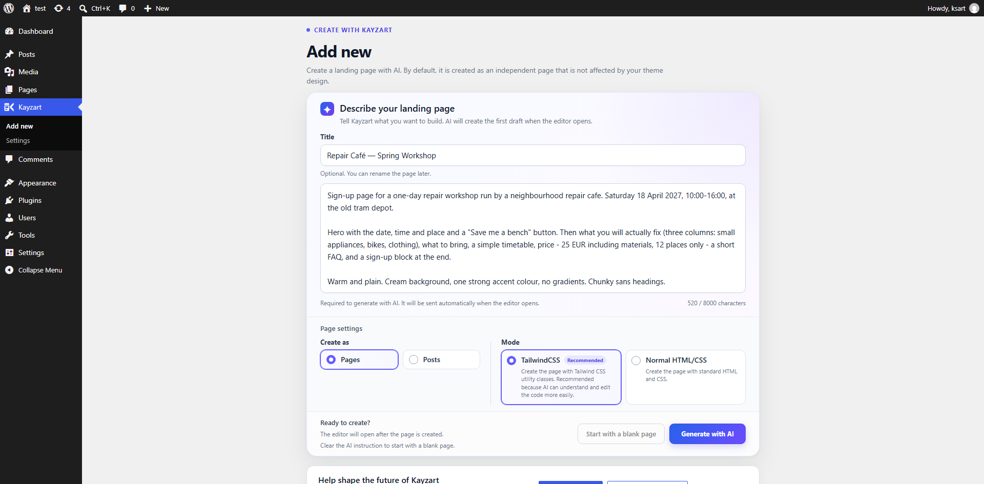 Describe the page you want on the create screen, then pick TailwindCSS or normal HTML/CSS mode.