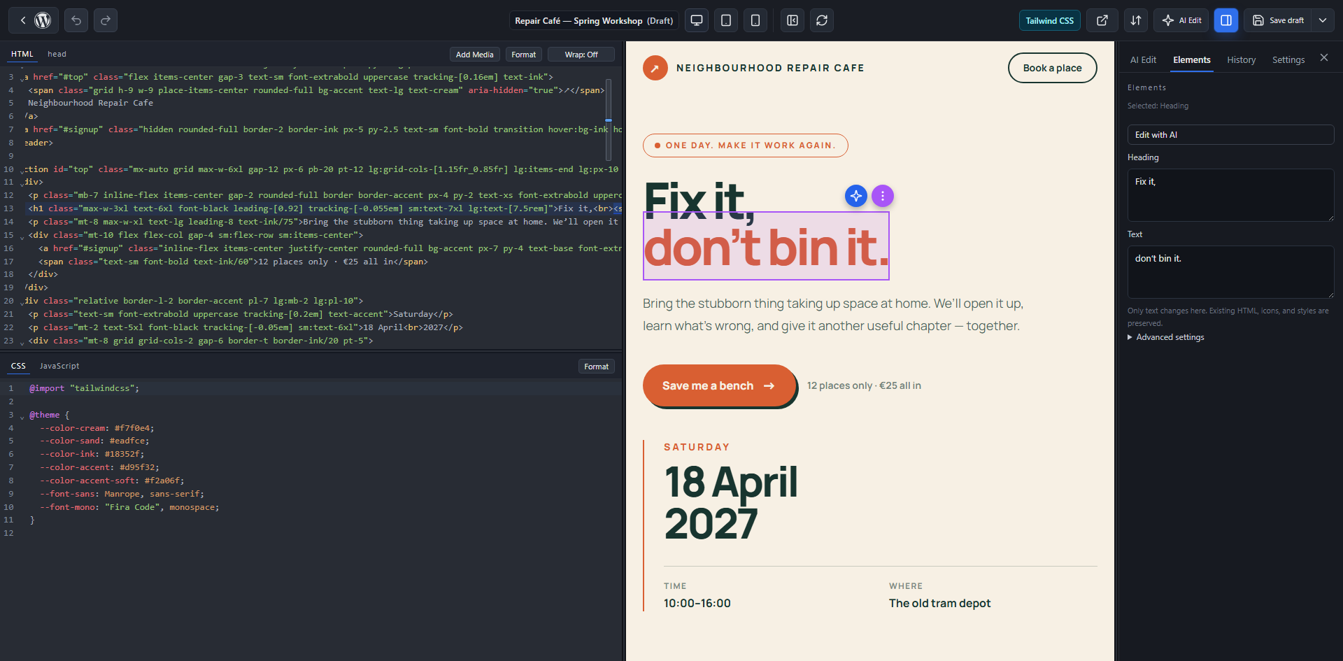 Select preview text and refine the matching element from the Elements panel.
