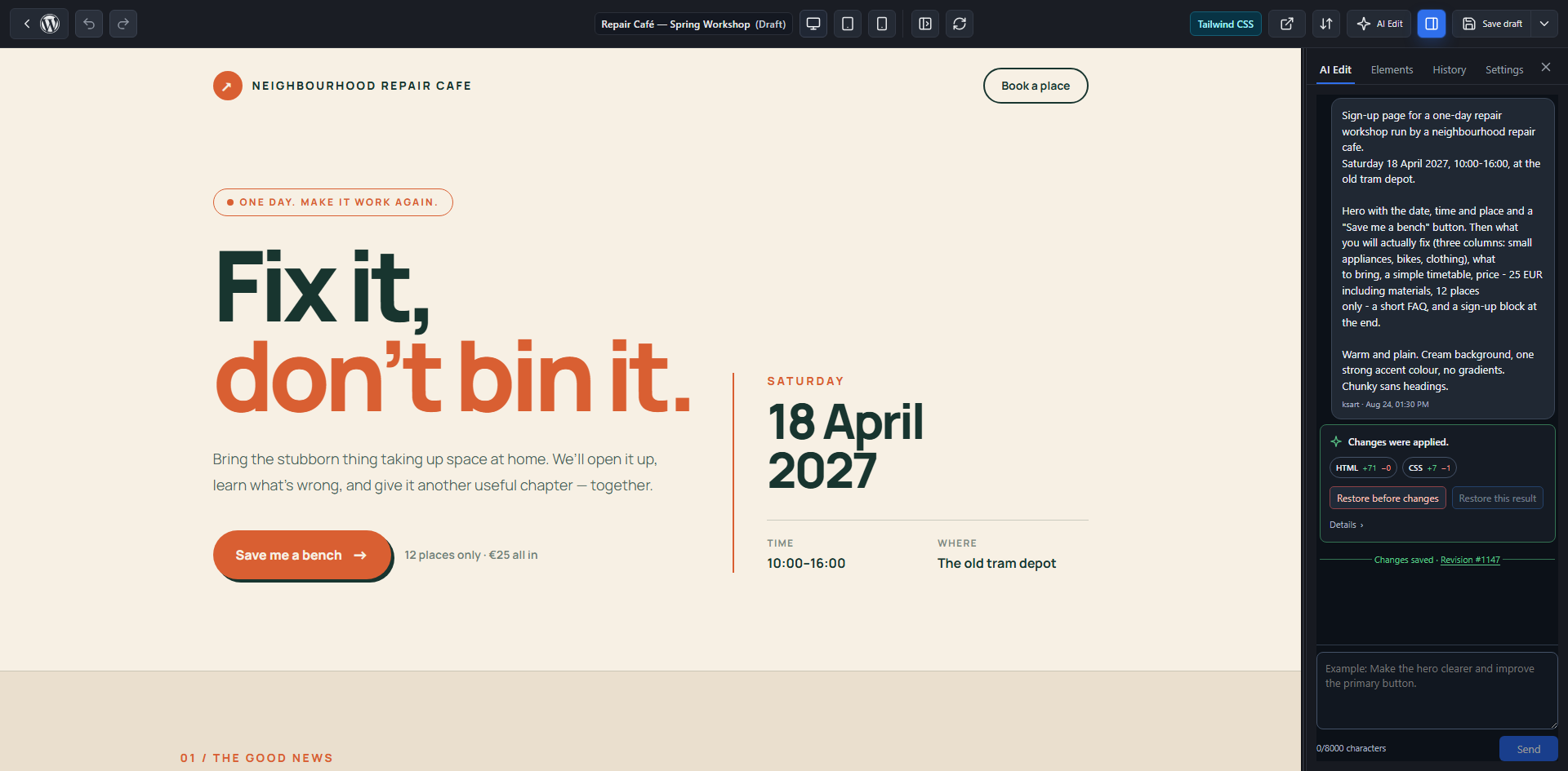 An AI-created page opens with the code hidden: the live page on the left, the AI panel beside it.