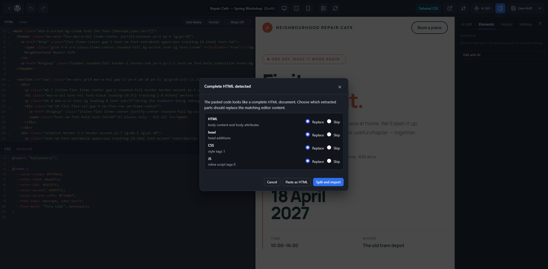 Import a complete HTML document from any source and review the detected sections before importing.