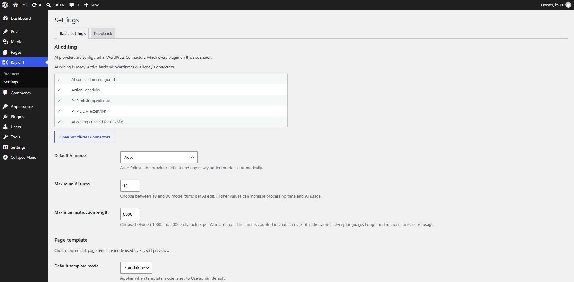 Set the default AI model, turn and instruction limits, and check the AI requirements in Settings.