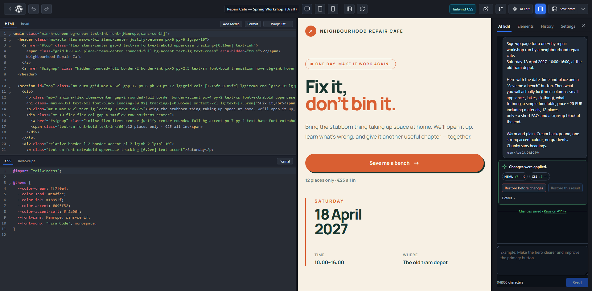 Edit the result in the split editor with HTML, CSS, JavaScript, and live preview panes.